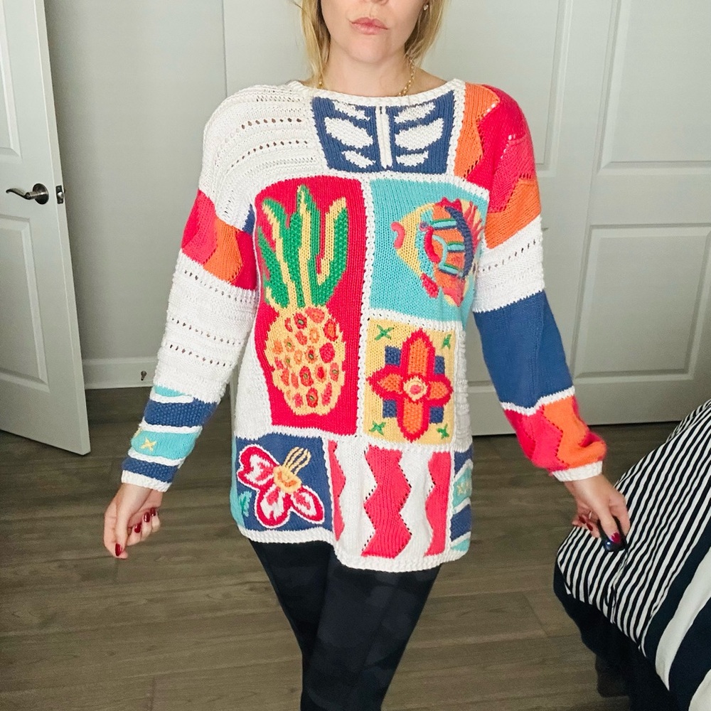 Talbots Colorful Patchwork Knit Crew Neck Sweater